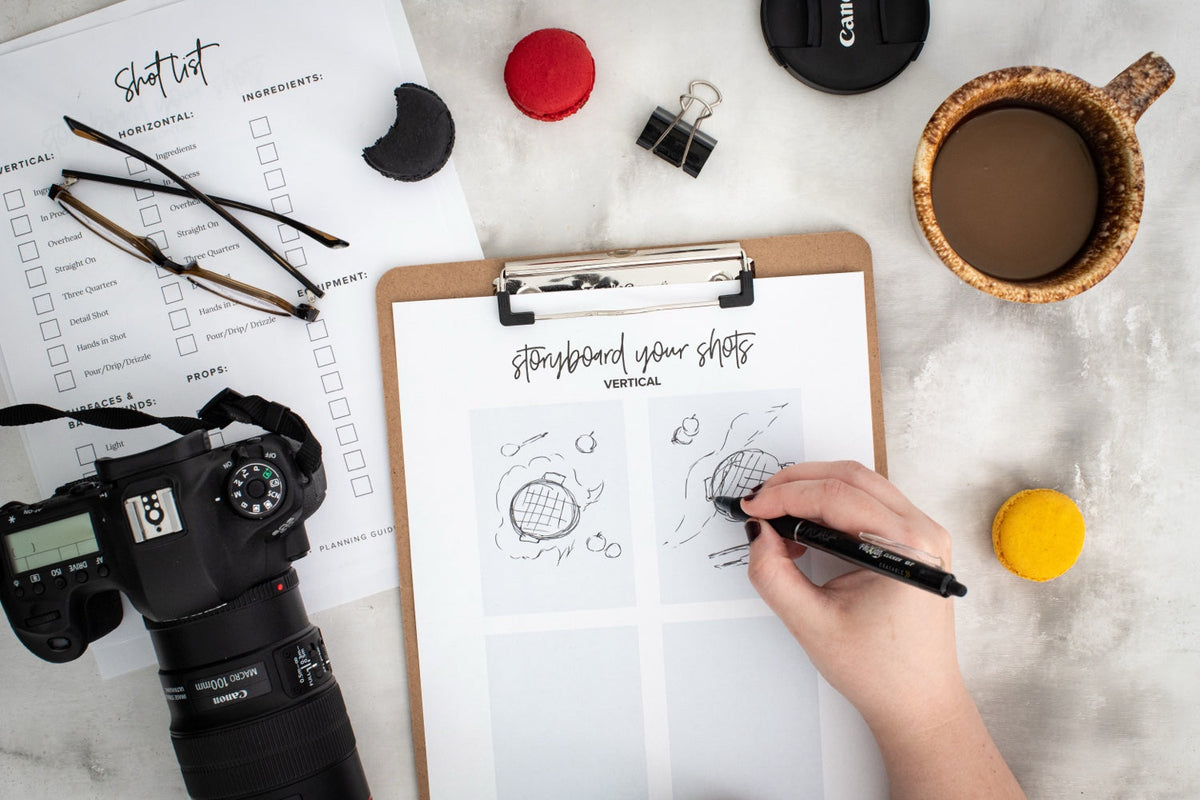 The Complete Library — all five food photography guides bundled, shown as a flat-lay of planning materials, camera, and props