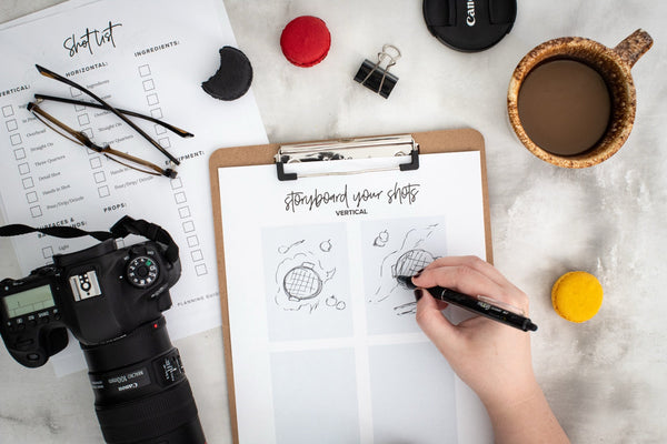 The Complete Library — all five food photography guides bundled, shown as a flat-lay of planning materials, camera, and props